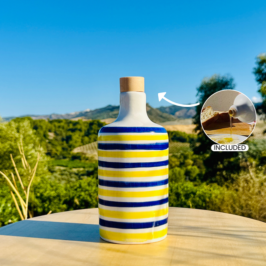 Distributore di olio in bottiglia di ceramica colorata "Vivace" per olio d'oliva fatto a mano in Italia