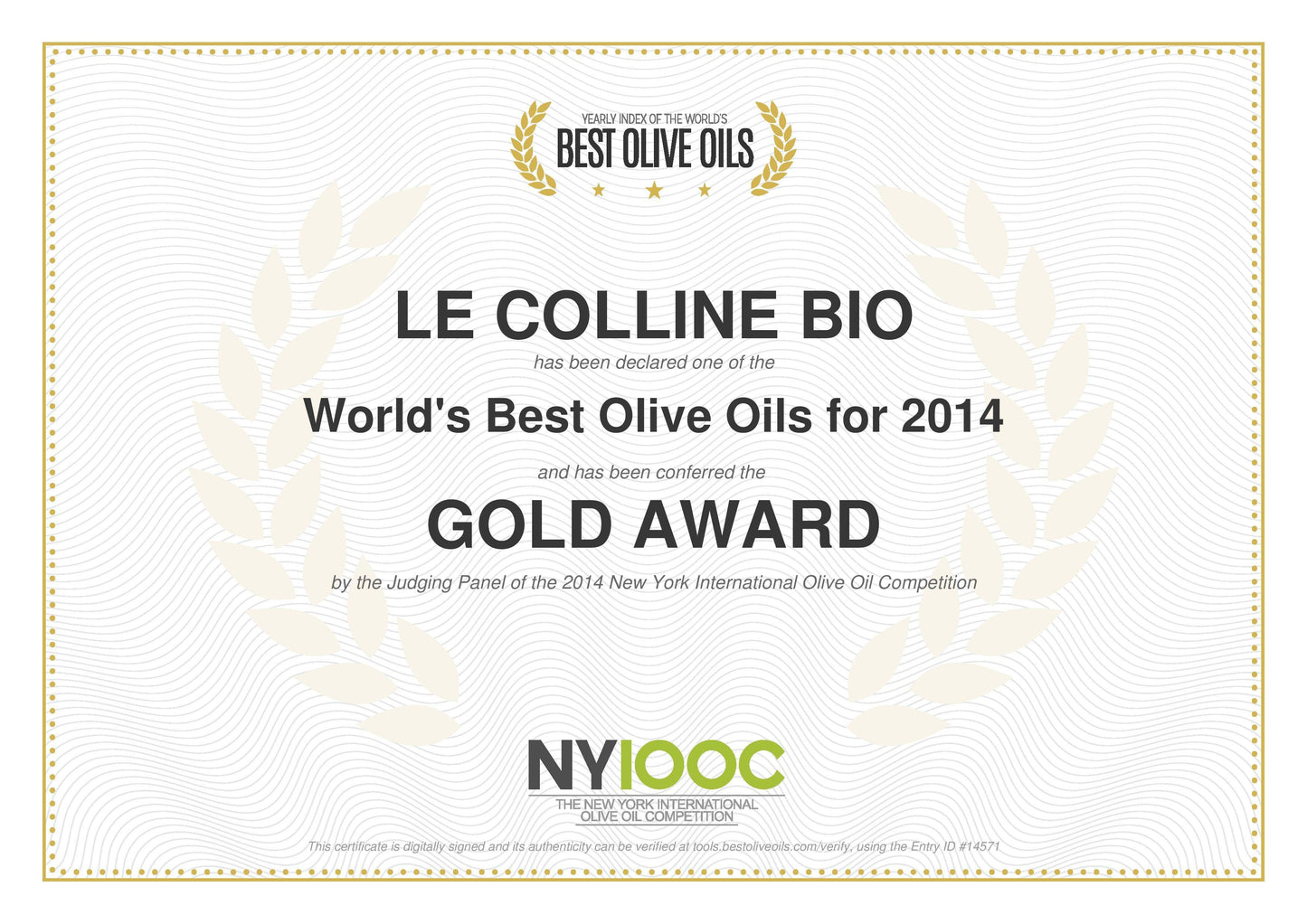 Gold Auszeichnung NYIOOC 2014 - Natives Olivenöl Extra Biologisch Le Colline