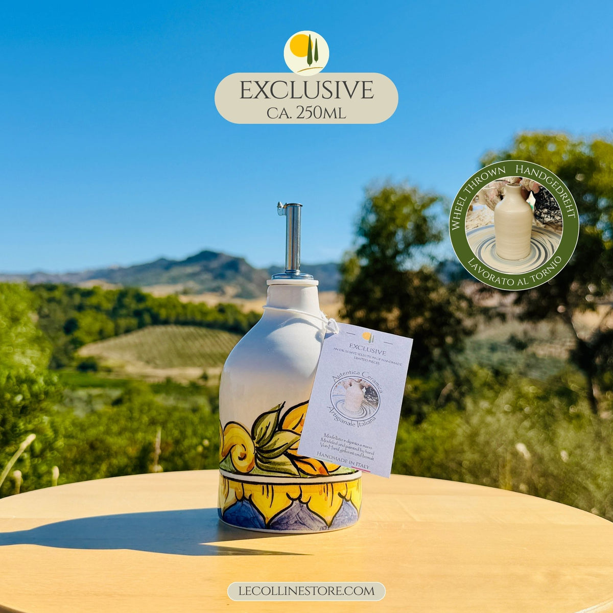 EXCLUSIVE Keramikflasche Ölspender für Olivenöl handbemalt maiolica Decor