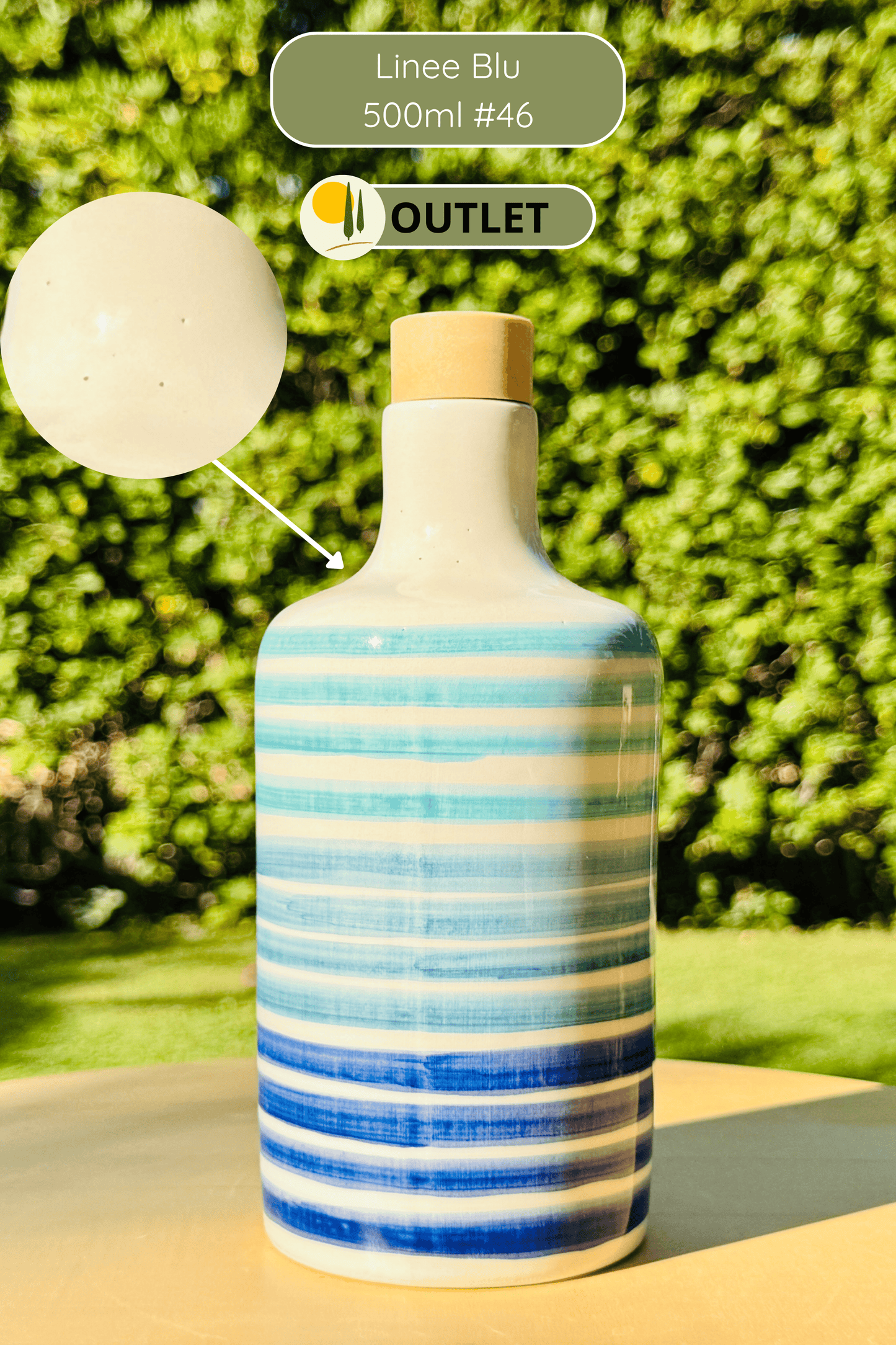 Ceramic bottle oil dispenser with blue lines for olive oil handmade in Italy