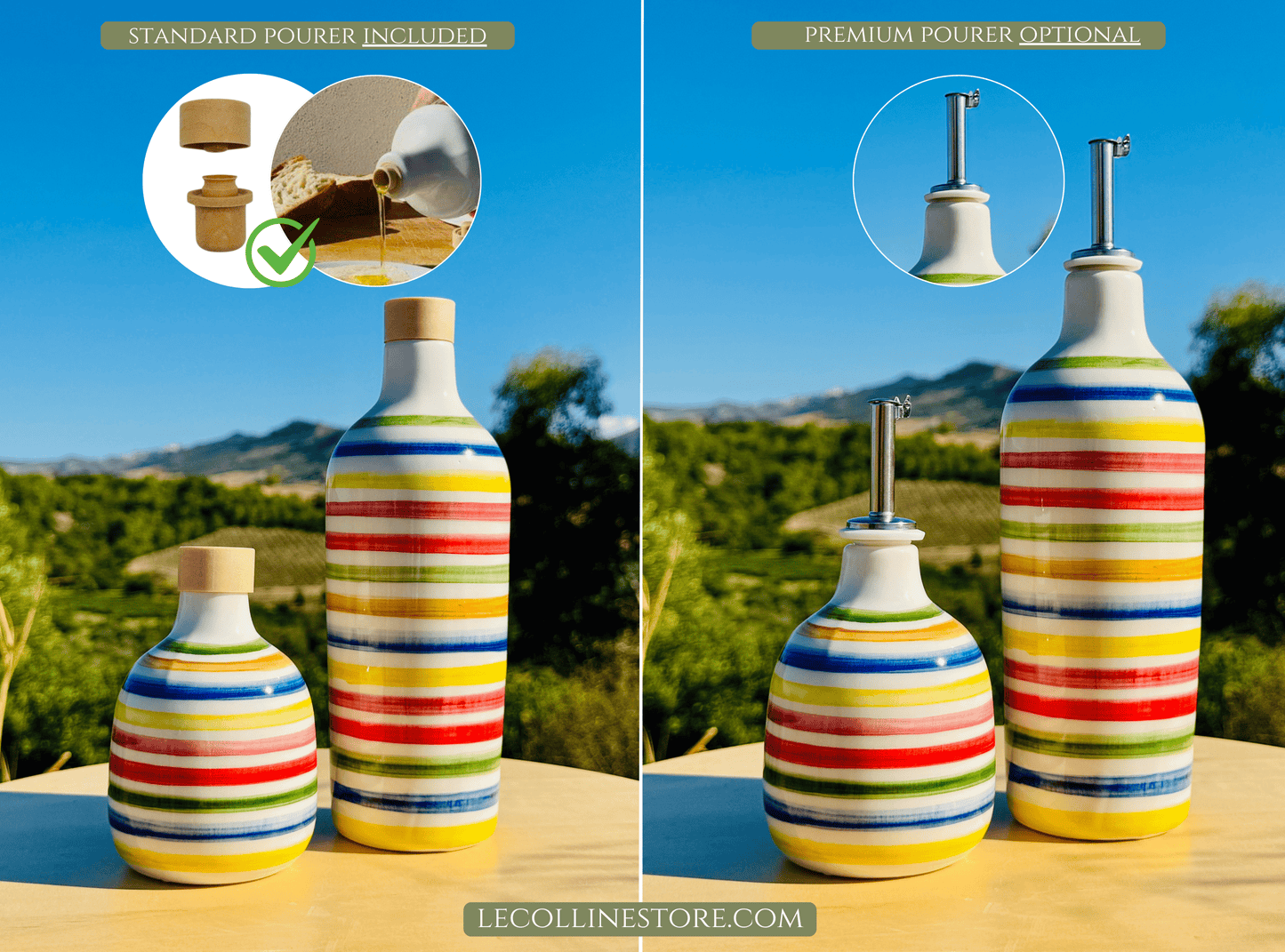 Colorful ceramic bottle oil dispenser for olive oil handmade in Italy