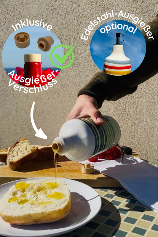 Praktischer Ölspender aus Keramik mit professionellem Ausgießer aus Rostfreiem Edelstahl zum praktischem Servieren von Olivenöl und essig. Keramikflasche handgemacht zur Verschönerung von Küche und Esstisch. Wiederauffüllbare flasche auch geeignet zum Servierenvon Wein und Wasser zuhause oder auch für Restaurants und Bars. Ölflasche bester hoher Italienischer qualität
