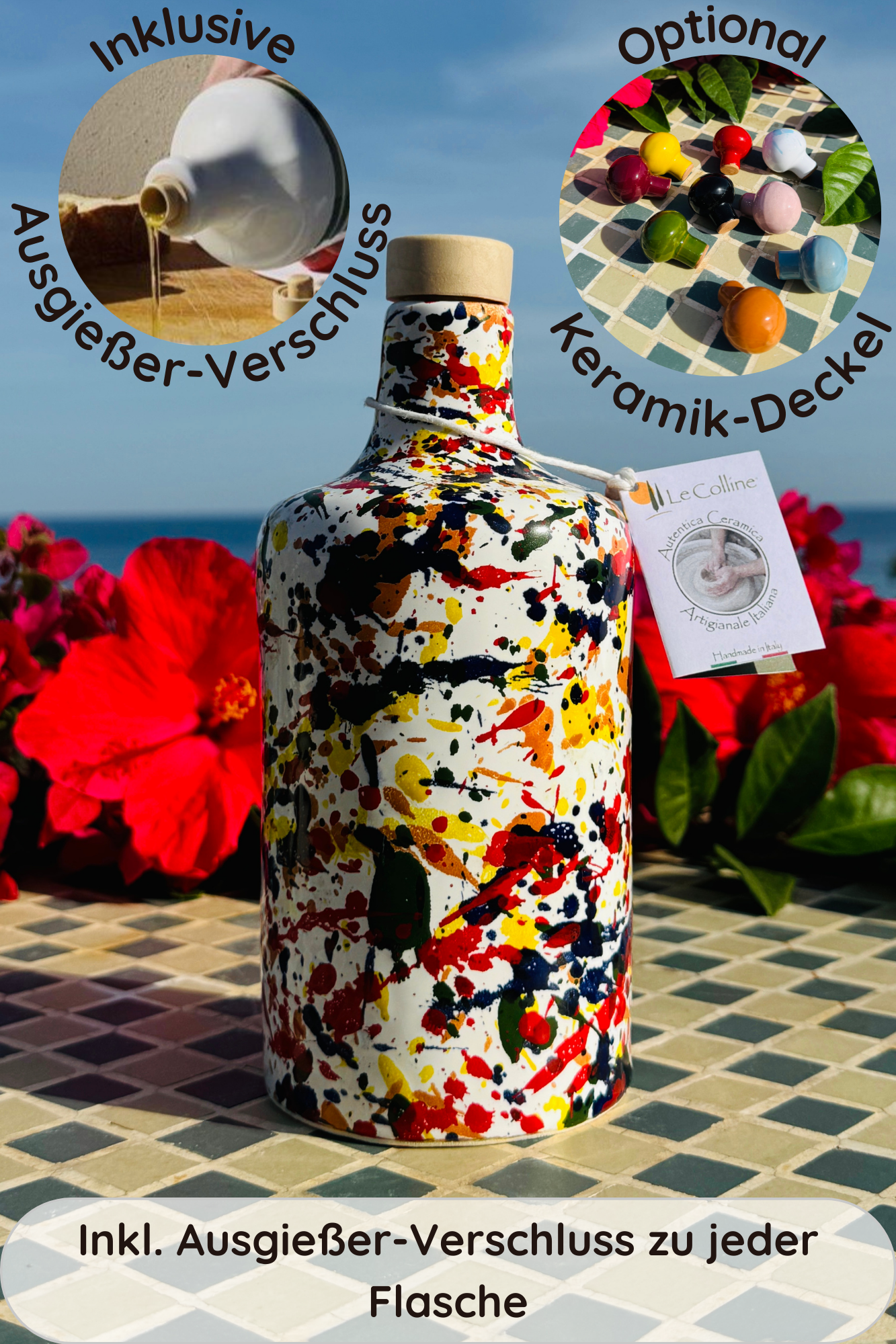 Keramikflasche Ölspender Ölflasche "Schizzata" 250 ml für Olivenöl handgemacht in Italien