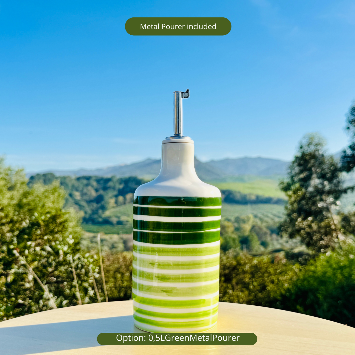 Keramikflasche Ölspender mit grünen Linien für Olivenöl handgemacht in Italien