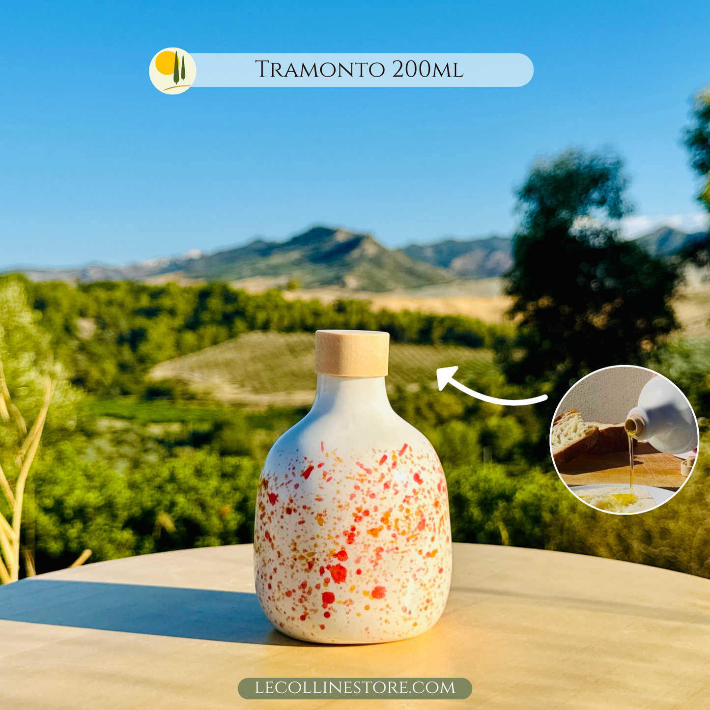 Italienische Keramik-Olivenölflasche, handgefertigt und handbemalt mit roten und orangen Spritzern, inspiriert von warmen mediterranen Sonnenuntergängen. Das Modell „Sonnenuntergang“ bringt die Energie der Farben und die Magie der Sommerabende auf den Tisch und verwandelt alltägliche Gesten in besondere Momente. Jede Flasche ist ein Unikat, das Funktionalität, Tradition und Design verbindet – ein lebendiges, warmes und geselliges Detail für jedes Zuhause.
