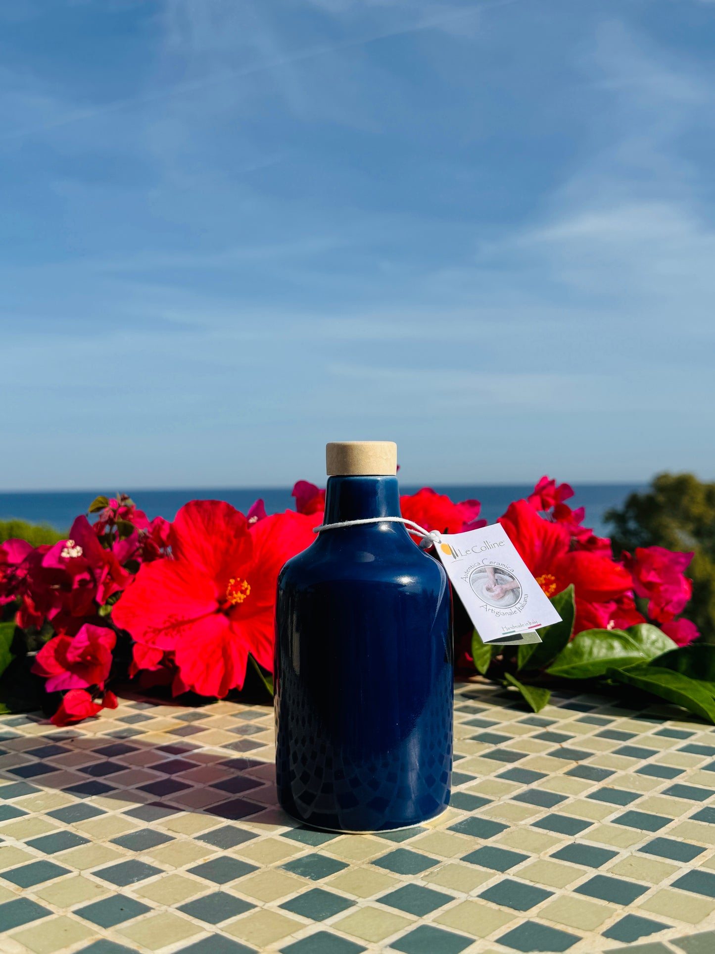 Keramikflasche Ölflasche Ölspender "Unica" Blau für Olivenöl handgemacht in Italien