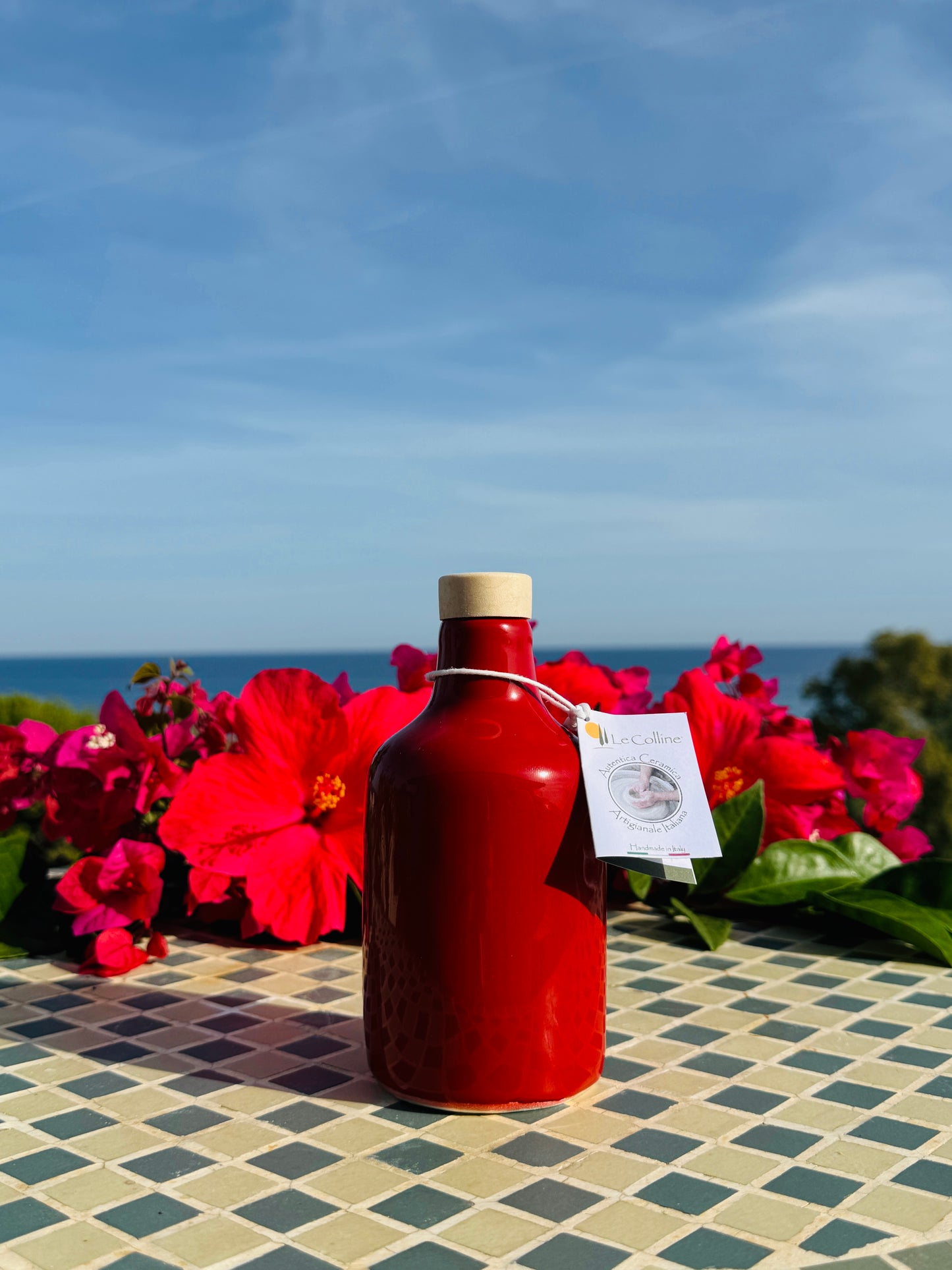 Keramikflasche Ölspender Ölflasche "Unica" Rot für Olivenöl handgemacht in Italien