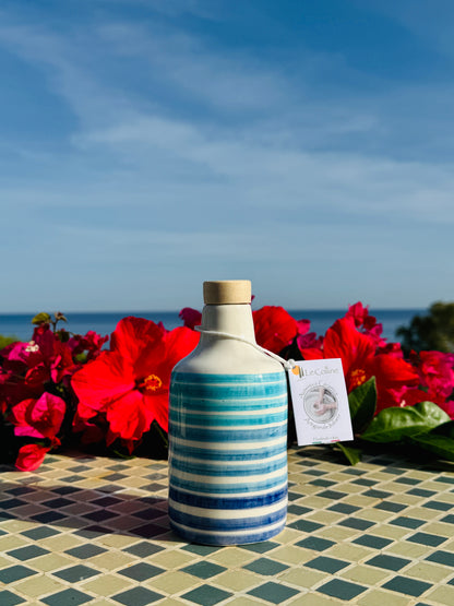 Keramikflasche "Linee Verdi o Blu" für Olivenöl handgemacht in Italien