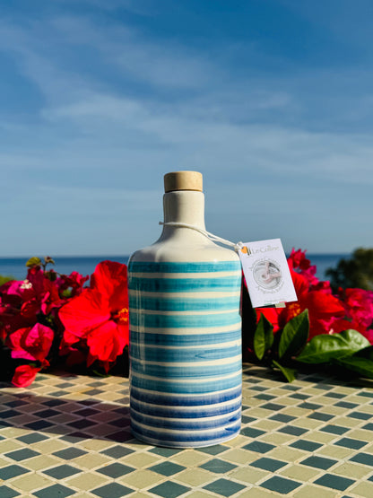 Keramikflasche "Linee Verdi o Blu" für Olivenöl handgemacht in Italien