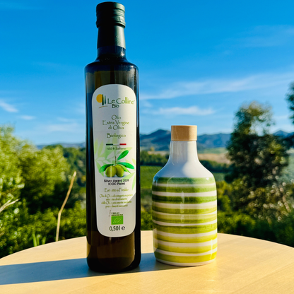 Set Olio di Oliva biologico & Oliera di ceramica con linee verdi fatta a mano in Italia