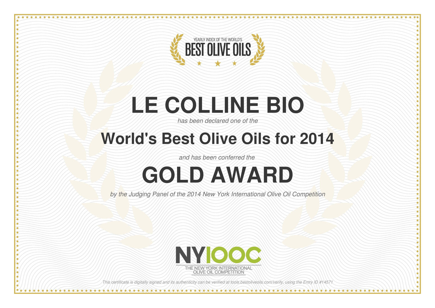 Gold Auszeichnung NYIOOC 2014 - Natives Olivenöl Extra Biologisch Le Colline