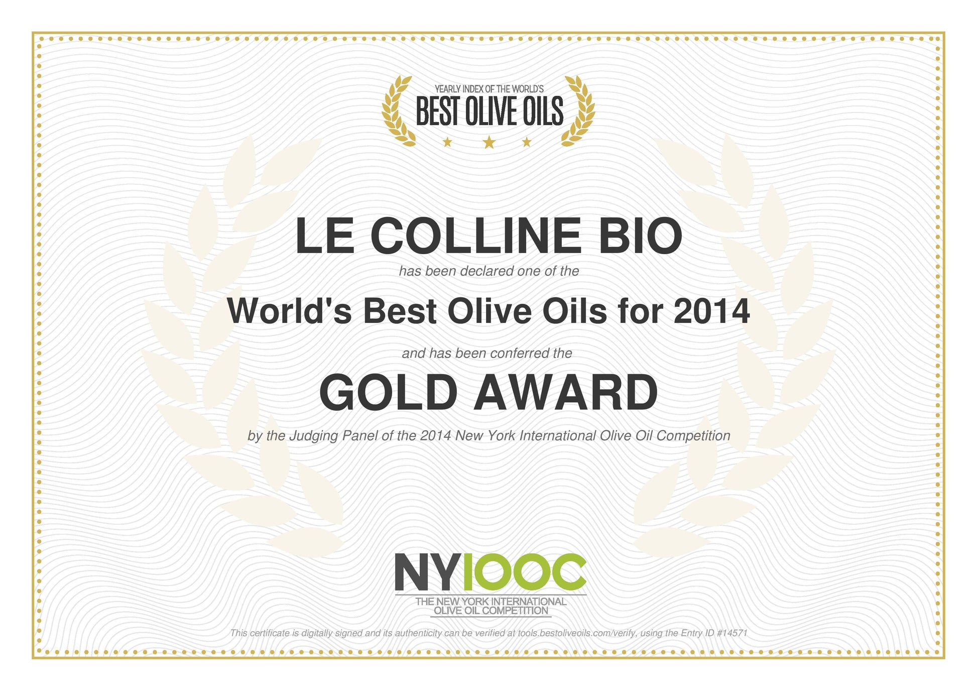 Gold Auszeichnung NYIOOC 2014 - Natives Olivenöl Extra Biologisch Le Colline
