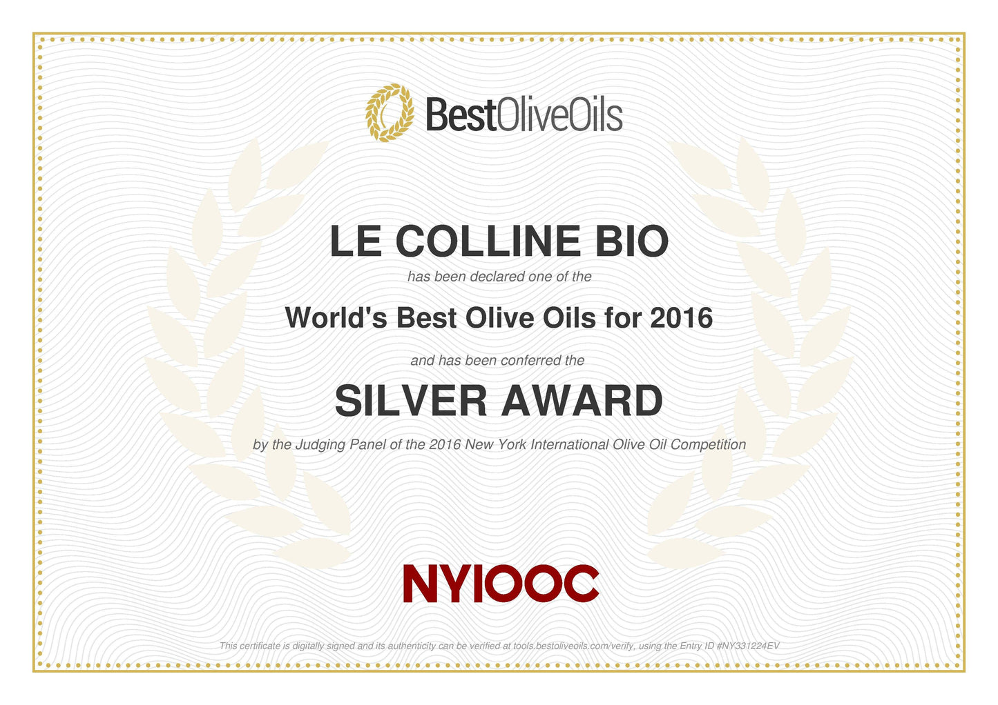 Silber Auszeichnung NYIOOC 2016 - Natives Olivenöl Extra Biologisch Le Colline