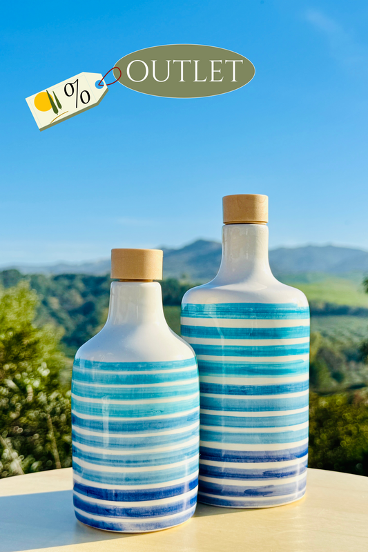 Ceramic bottle oil dispenser with blue lines for olive oil handmade in Italy