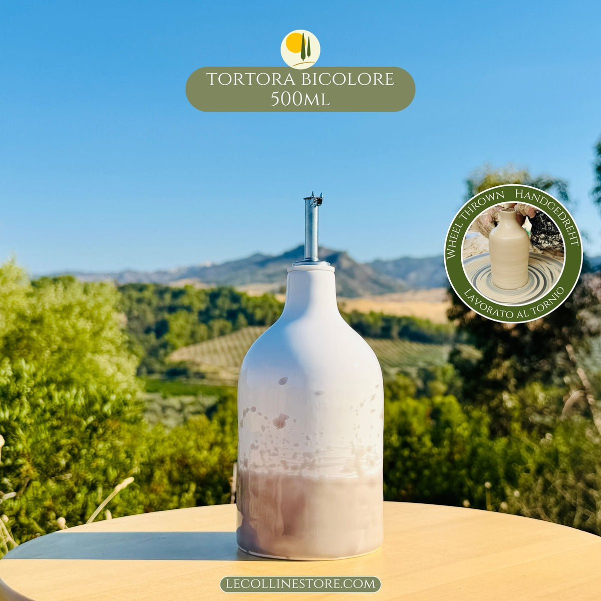 Wheelthrown Ceramic bottle for olive oil dispenser handmade in Italy