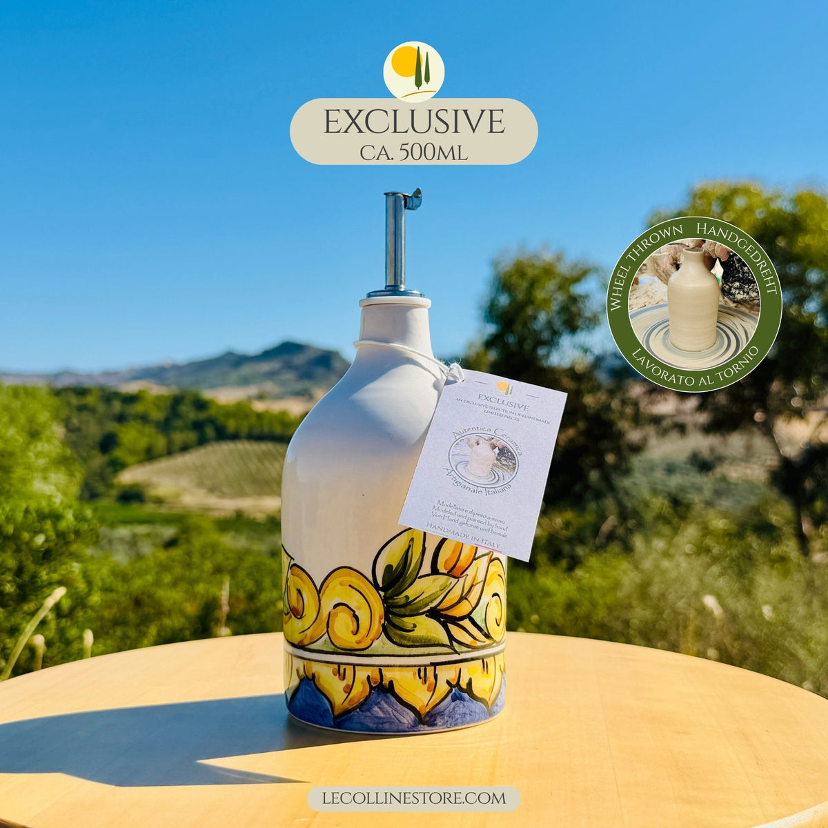 EXCLUSIVE Keramikflasche Ölspender für Olivenöl handbemalt maiolica Decor