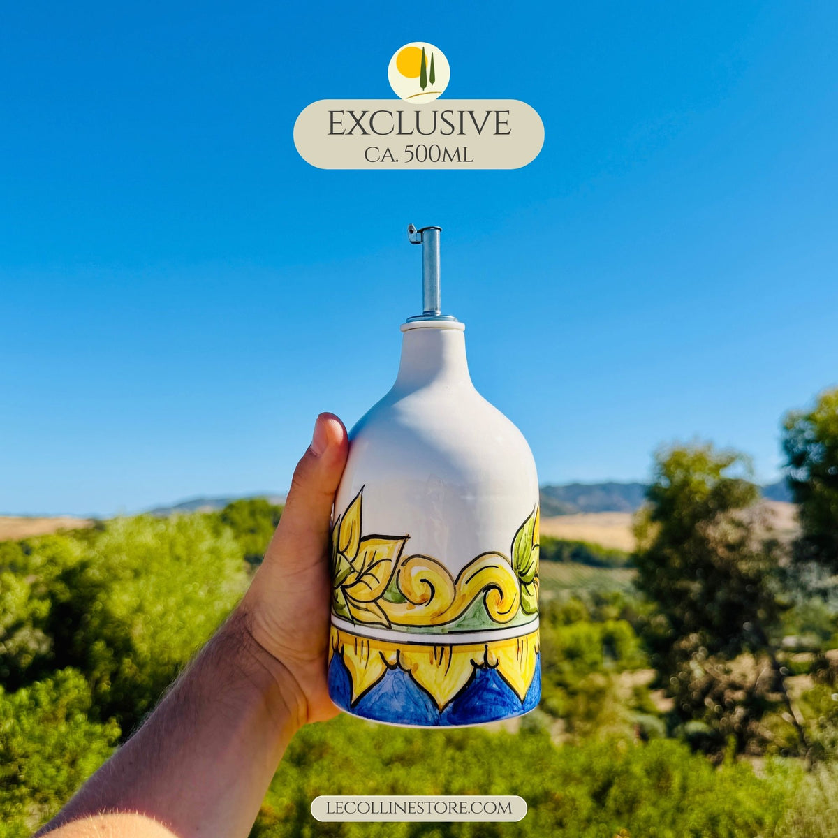 EXCLUSIVE Keramikflasche Ölspender für Olivenöl handbemalt maiolica Decor
