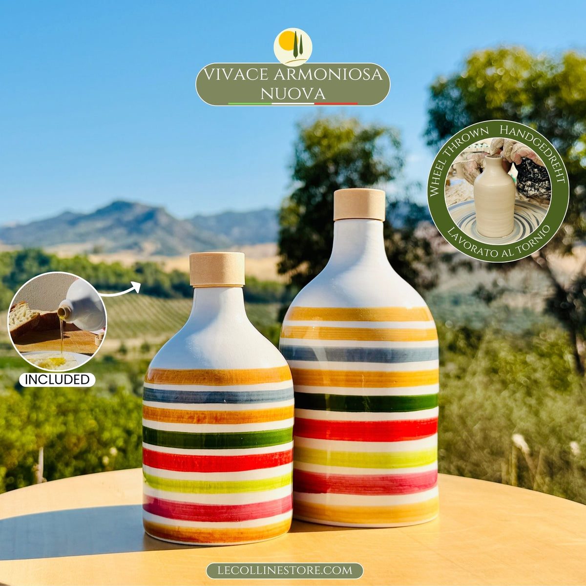 Colorful ceramic bottle oil dispenser for olive oil handmade in Italy