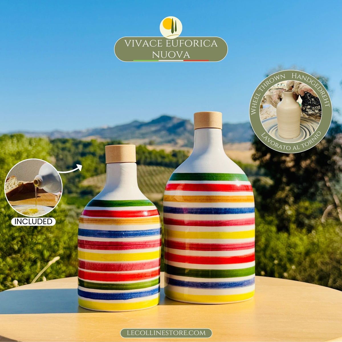 Colorful ceramic bottle oil dispenser for olive oil handmade in Italy