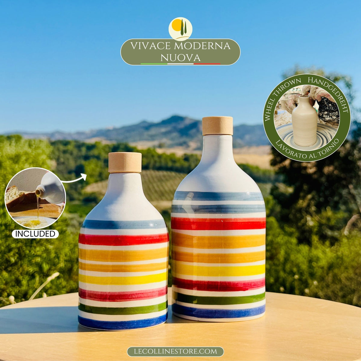 Colorful ceramic bottle oil dispenser for olive oil handmade in Italy