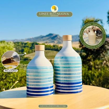 Ceramic bottle oil dispenser with blue lines for olive oil handmade in Italy