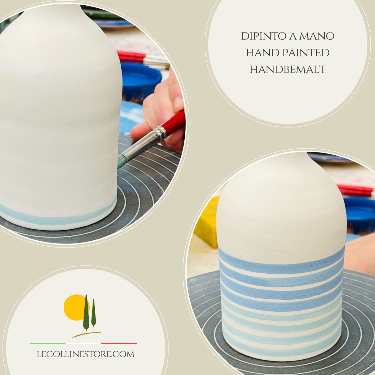 Ceramic bottle oil dispenser with blue lines for olive oil handmade in Italy