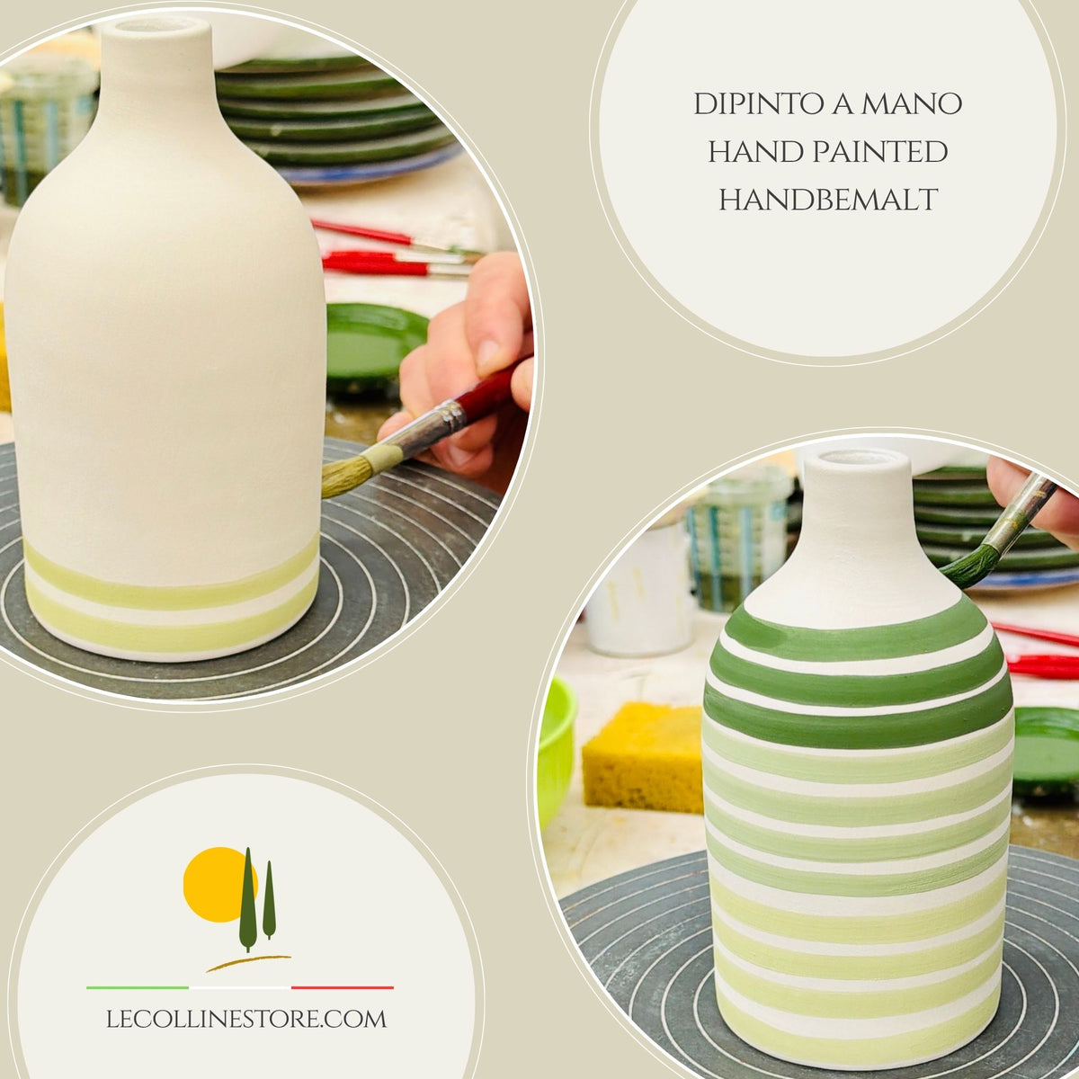 Ceramic bottle "Linee Verdi" for olive oil handmade in Italy
