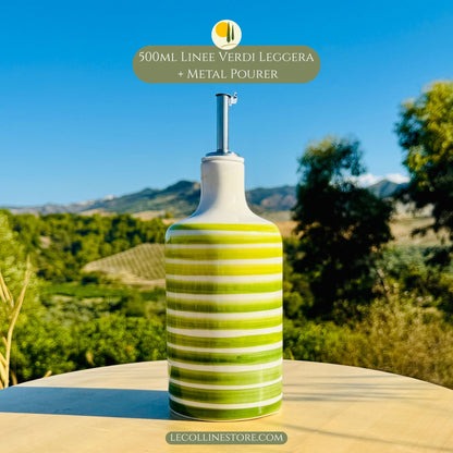 Keramikflasche Ölspender mit grünen Linien für Olivenöl handgemacht in Italien