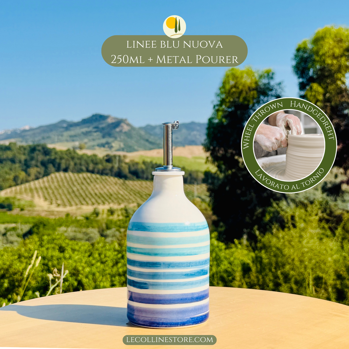 small 250ml Blue striped ceramic oil bottle with stainless steel pourer and handcrafted Mediterranean-inspired decoration.