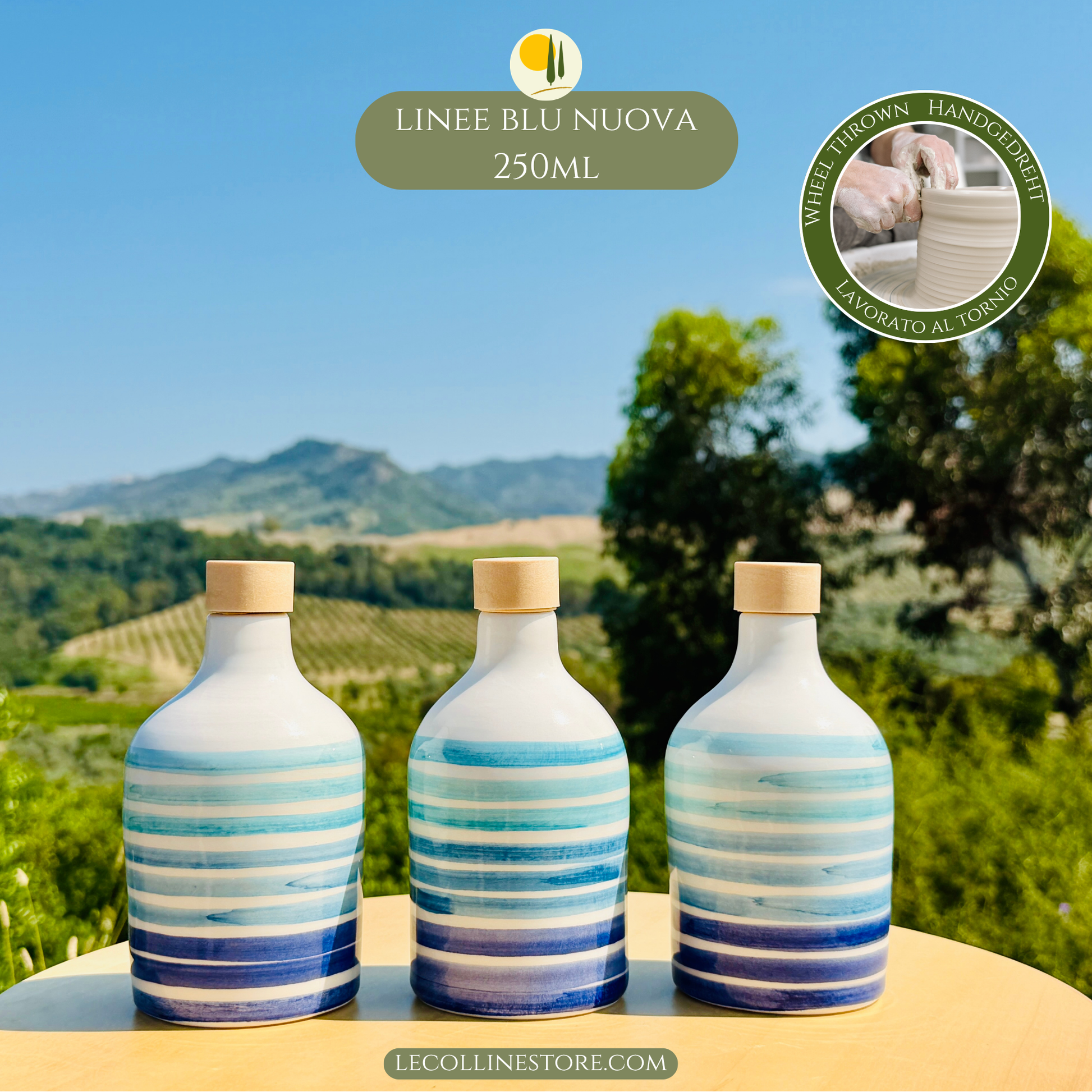 Three small 250ml handcrafted blue ceramic bottles arranged as a coordinated decorative set with Mediterranean character.
