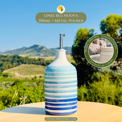 Large 500ml Blue striped ceramic oil bottle with stainless steel pourer and handcrafted Mediterranean-inspired decoration.