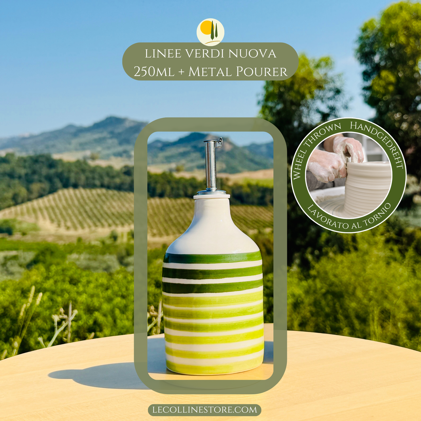Small Green striped ceramic oil bottle with stainless steel pourer and glossy handcrafted ceramic finish.