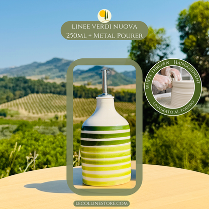 Small Green striped ceramic oil bottle with stainless steel pourer and glossy handcrafted ceramic finish.