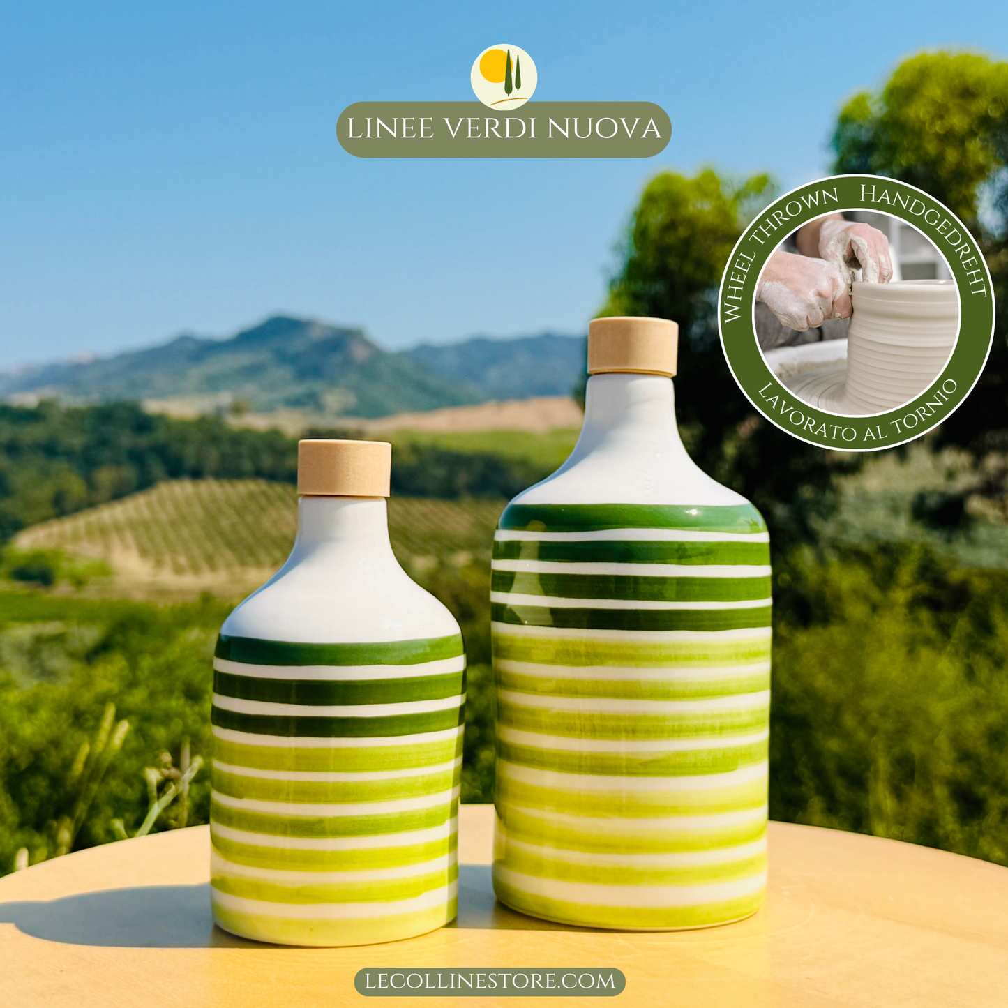 Set of two green striped ceramic bottles with glossy finish, suitable for kitchen decor and tabletop styling.