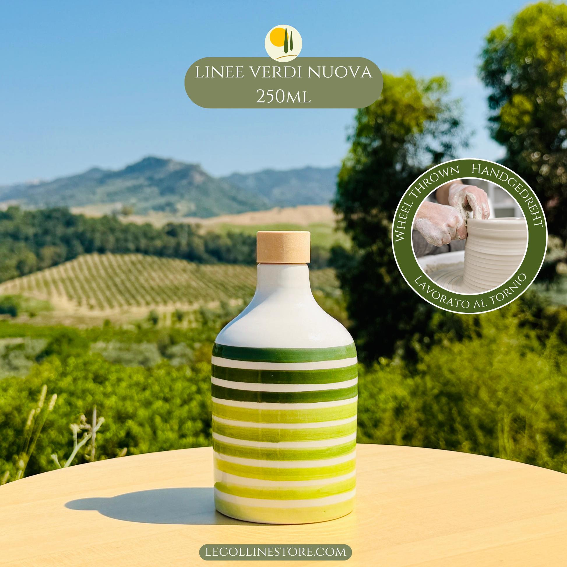Handcrafted green striped ceramic bottle with glossy finish and cork stopper, inspired by Mediterranean kitchen decor.