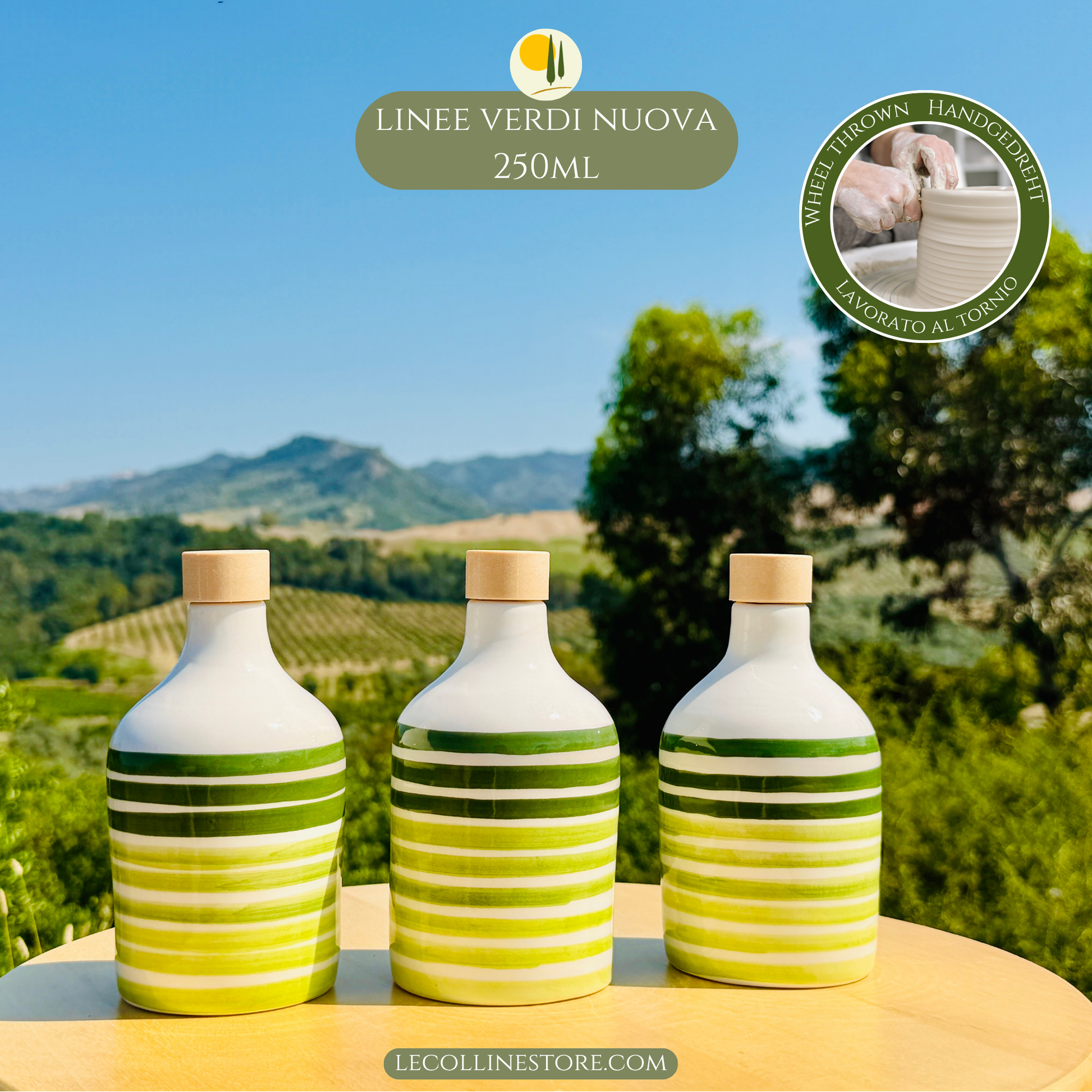 Three small 250ml handcrafted green ceramic bottles with striped decoration arranged as a matching home decor collection.