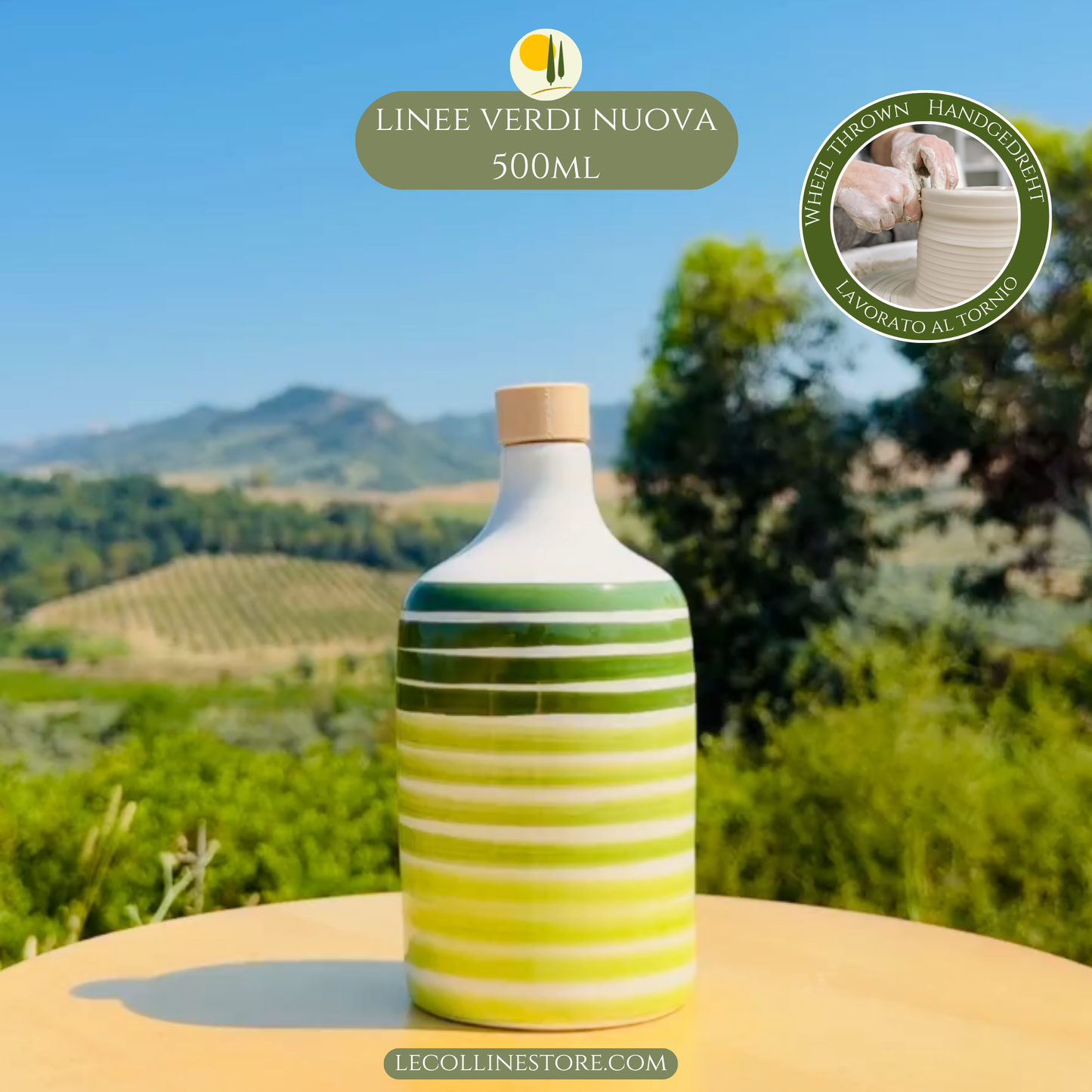 Large handcrafted ceramic bottle with layered green stripes and glossy finish, photographed in natural outdoor light.

