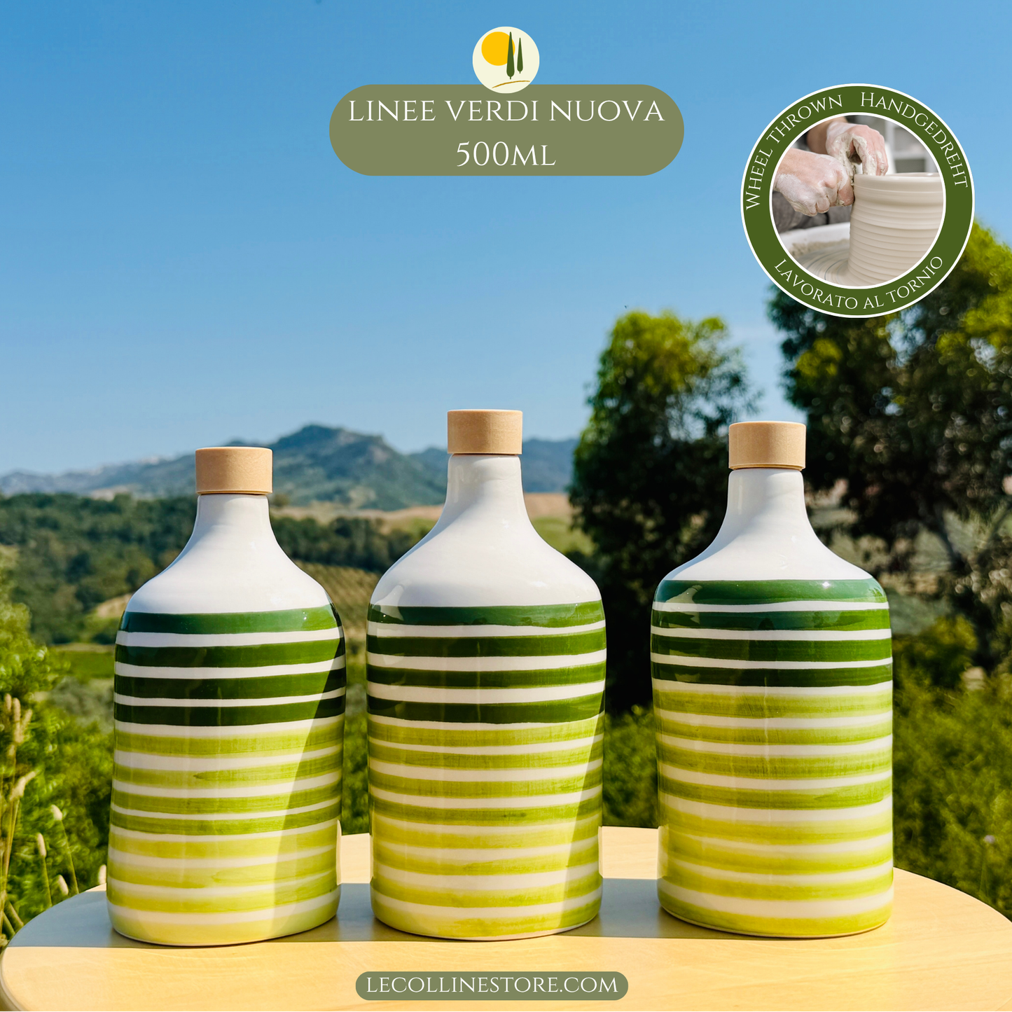 Three large 500ml handcrafted green ceramic bottles with striped decoration arranged as a matching home decor collection.
