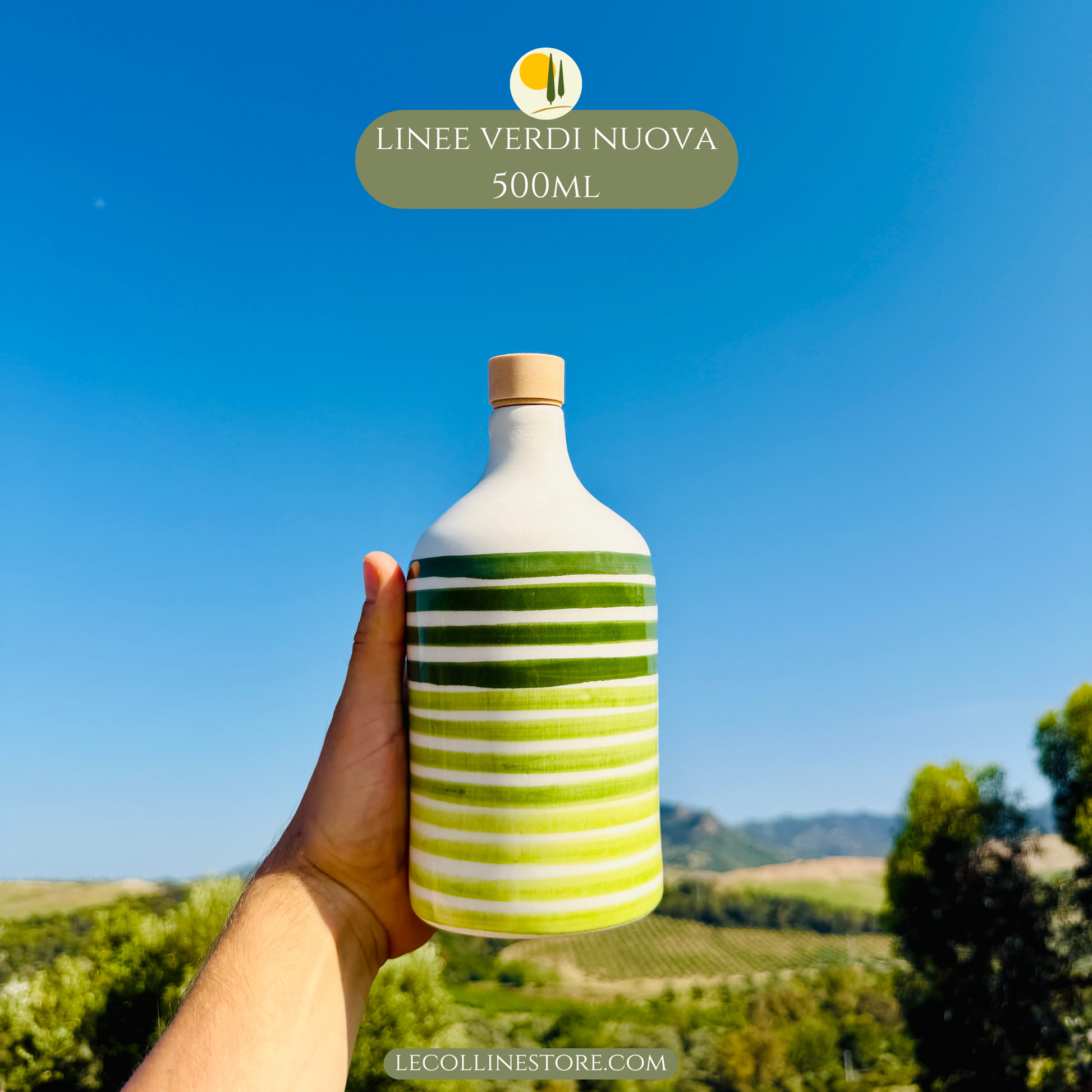 Handcrafted large 500ml green striped ceramic bottle with glossy finish and cork stopper held in hand, inspired by Mediterranean kitchen decor.