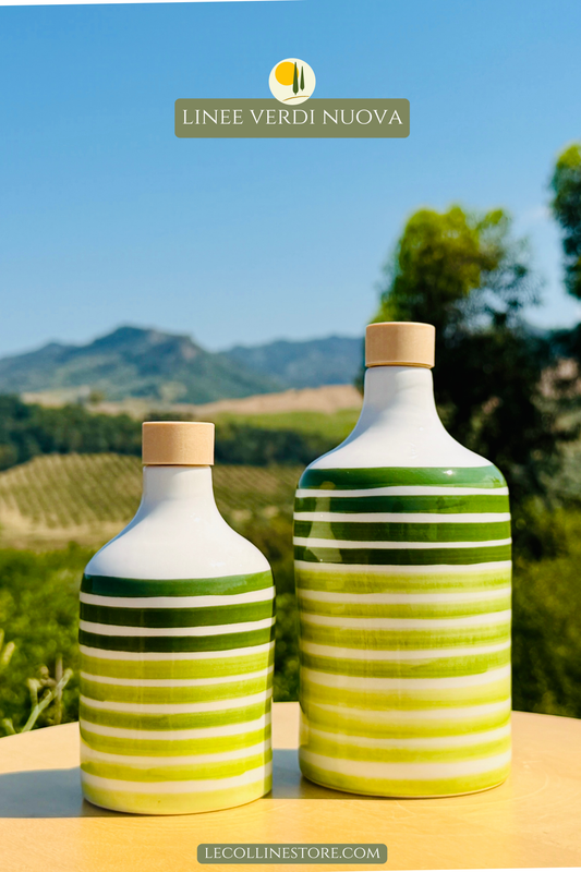 Keramikflasche Ölspender mit grünen Linien für Olivenöl handgemacht in Italien