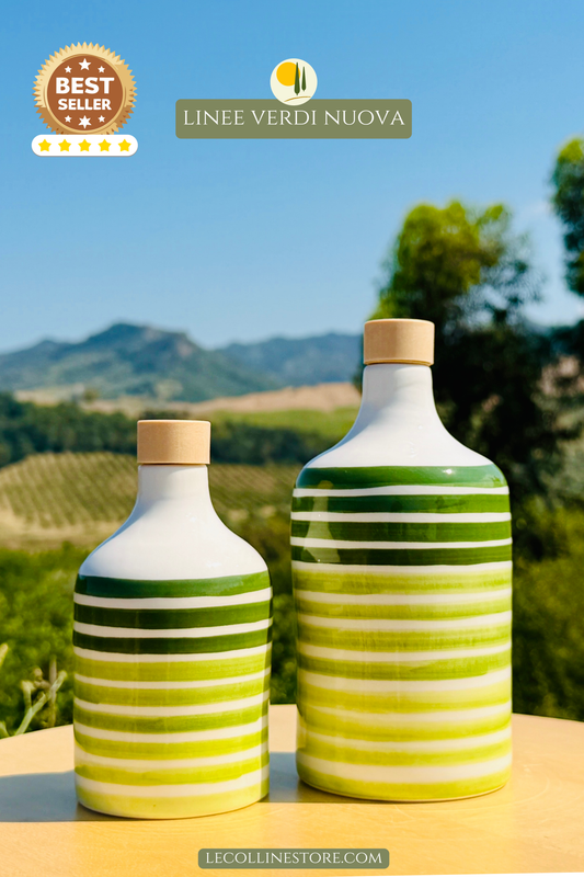 Set of two green striped ceramic bottles with glossy finish, suitable for kitchen decor and tabletop styling.