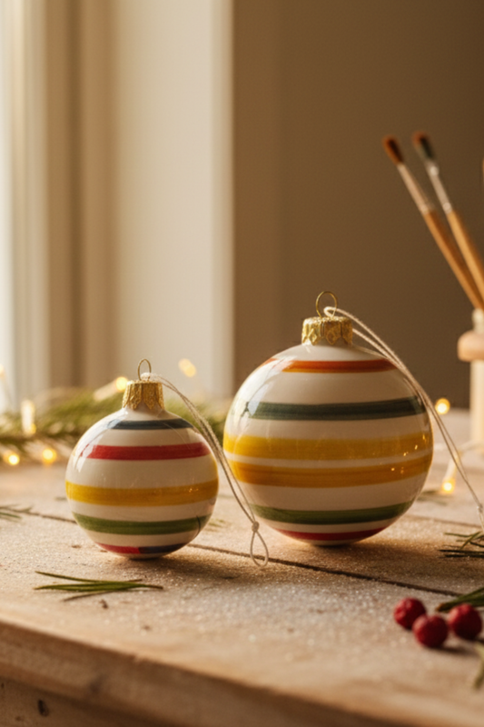 Atmosphärisches Bild des Keramik Weihnachtskugeln Sets "Vivace" von Le Colline. Gezeigt werden die kleine (6 cm) und die große (8 cm) Kugel mit handbemalten, bunten Streifen, auf einem rustikalen Holztisch. Im Hintergrund sind Pinsel und Farben zu sehen, die auf die liebevolle Handarbeit hinweisen. Die Szene ist mit Lichterketten und Tannenzweigen geschmückt, was die festliche weihnachtliche Stimmung unterstreicht. Perfekt als bunter Christbaumschmuck Geschenk handgefertigter Weihnachtsdeko