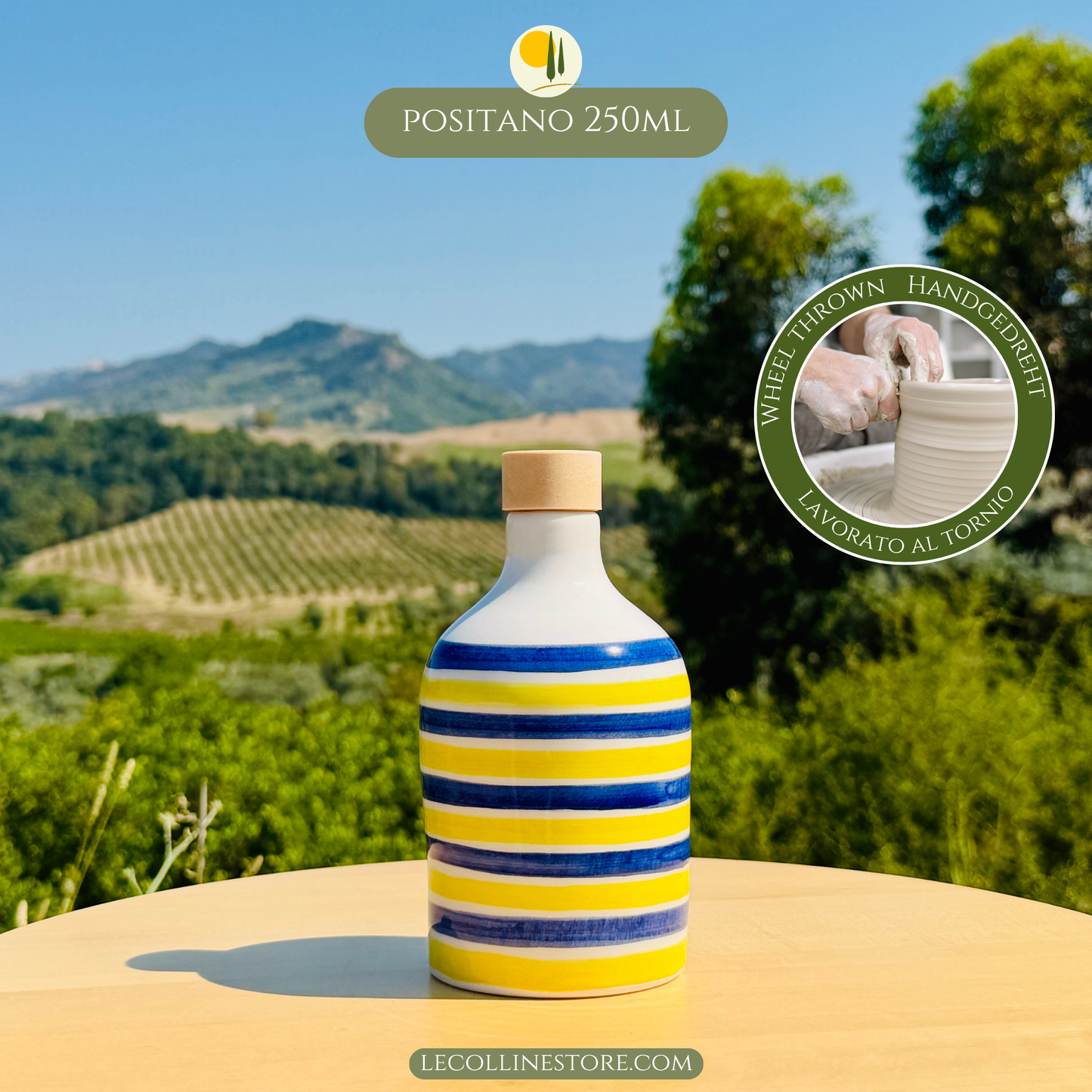 Three small blue and yellow striped ceramic bottles with glossy finish and handcrafted Mediterranean character.