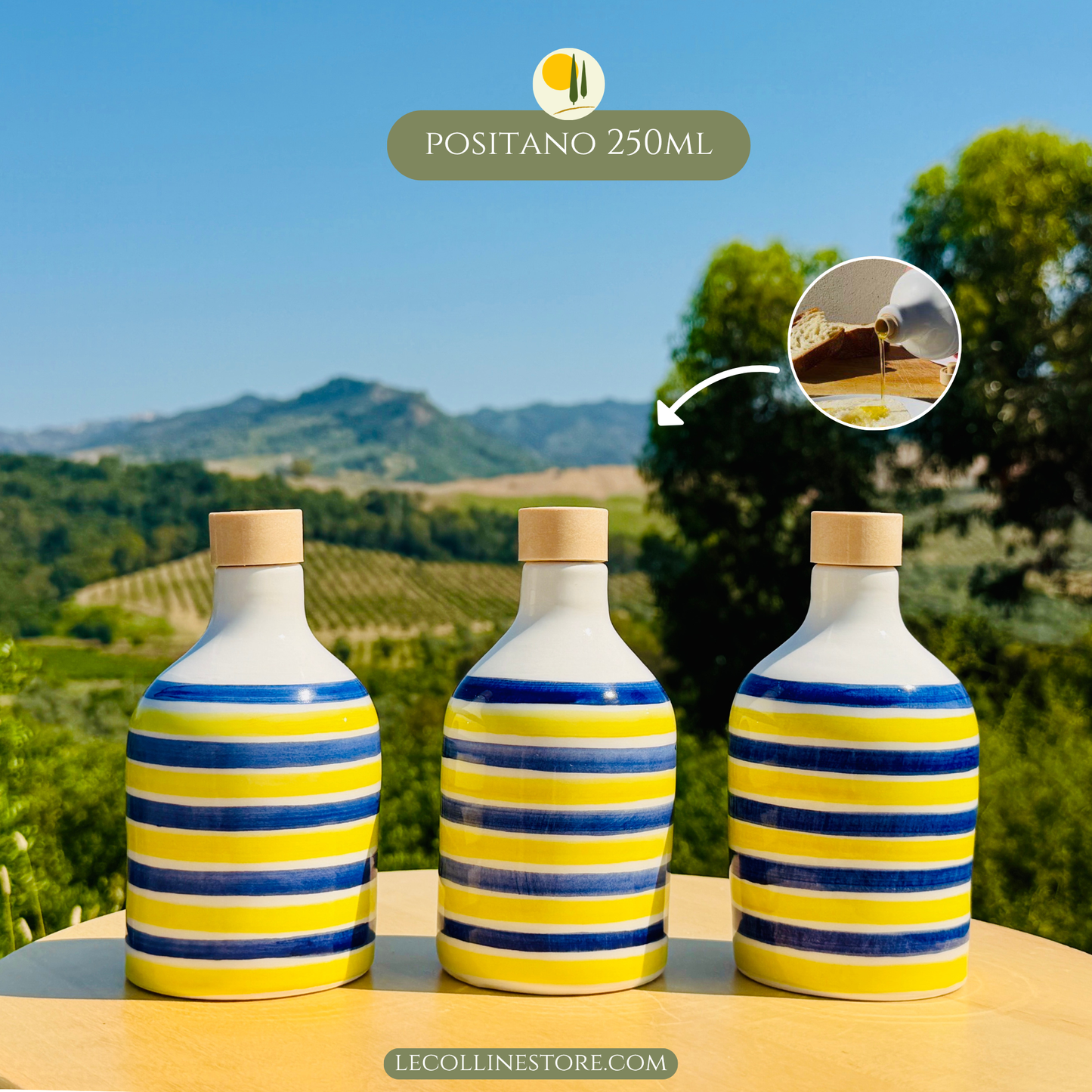 Three small blue and yellow striped ceramic bottles with glossy finish and handcrafted Mediterranean character.