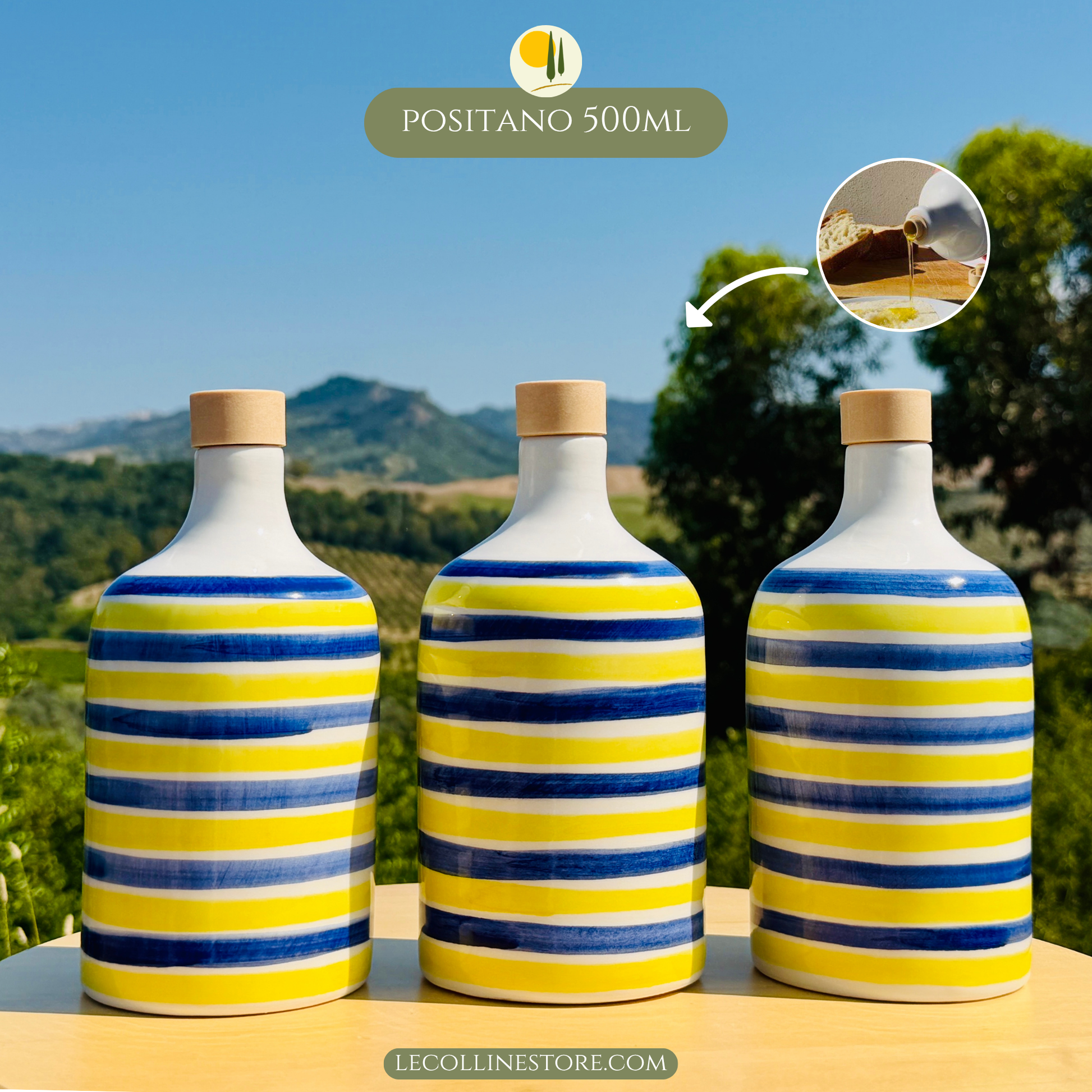 Three handcrafted ceramic bottles with blue and yellow striped decoration arranged as a colorful home decor set.