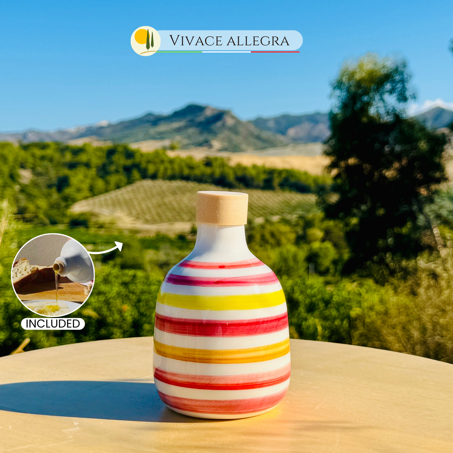 Bunte Keramikflasche Ölspender für Olivenöl handgemacht in Italien "Elegante"