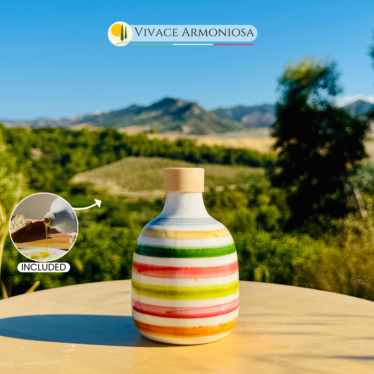 Bunte Keramikflasche Ölspender für Olivenöl handgemacht in Italien "Elegante"