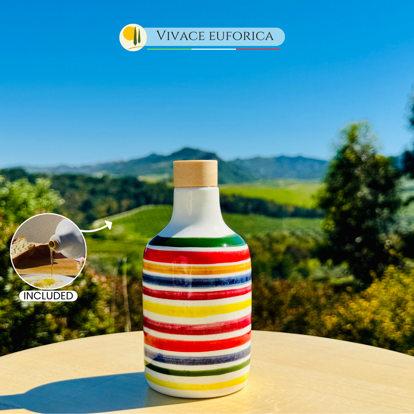 Bunte Keramikflasche Ölspender für Olivenöl handgemacht in Italien