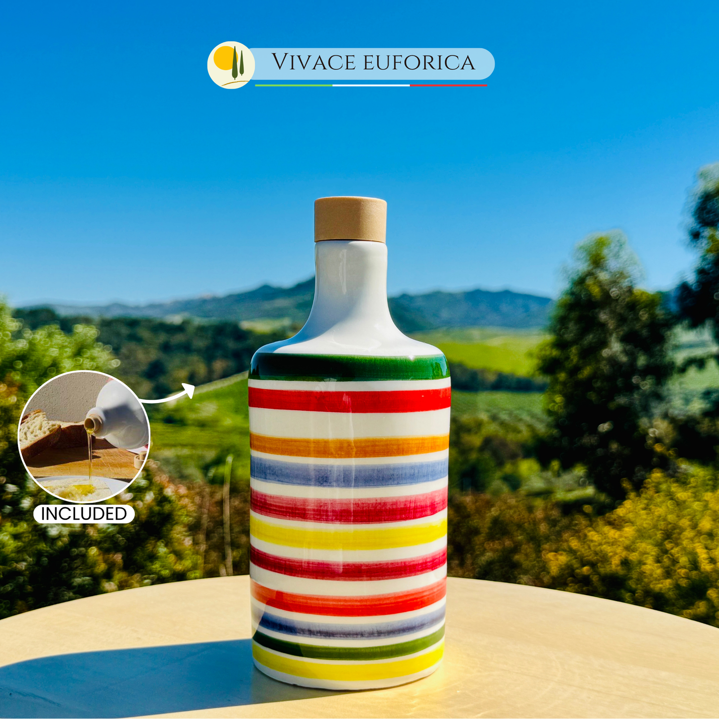 Bunte Keramikflasche Ölspender für Olivenöl handgemacht in Italien