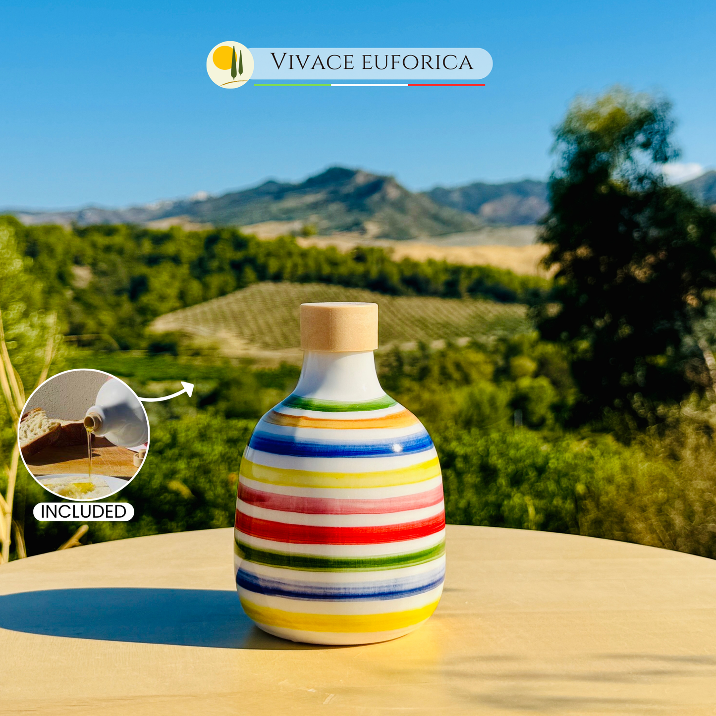 Bunte Keramikflasche Ölspender für Olivenöl handgemacht in Italien "Elegante"